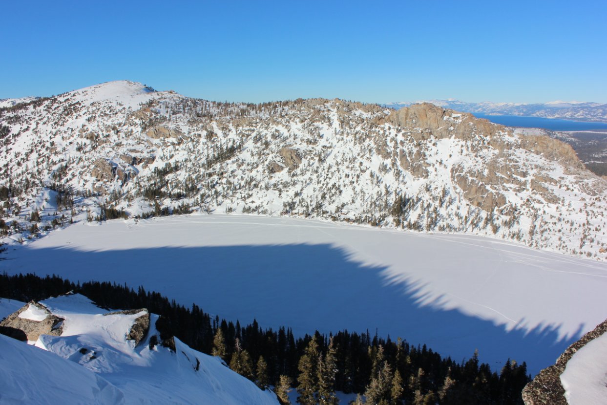 Looking down at the frozen Echo Lake