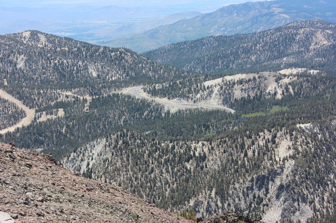 Looking down at the parking area