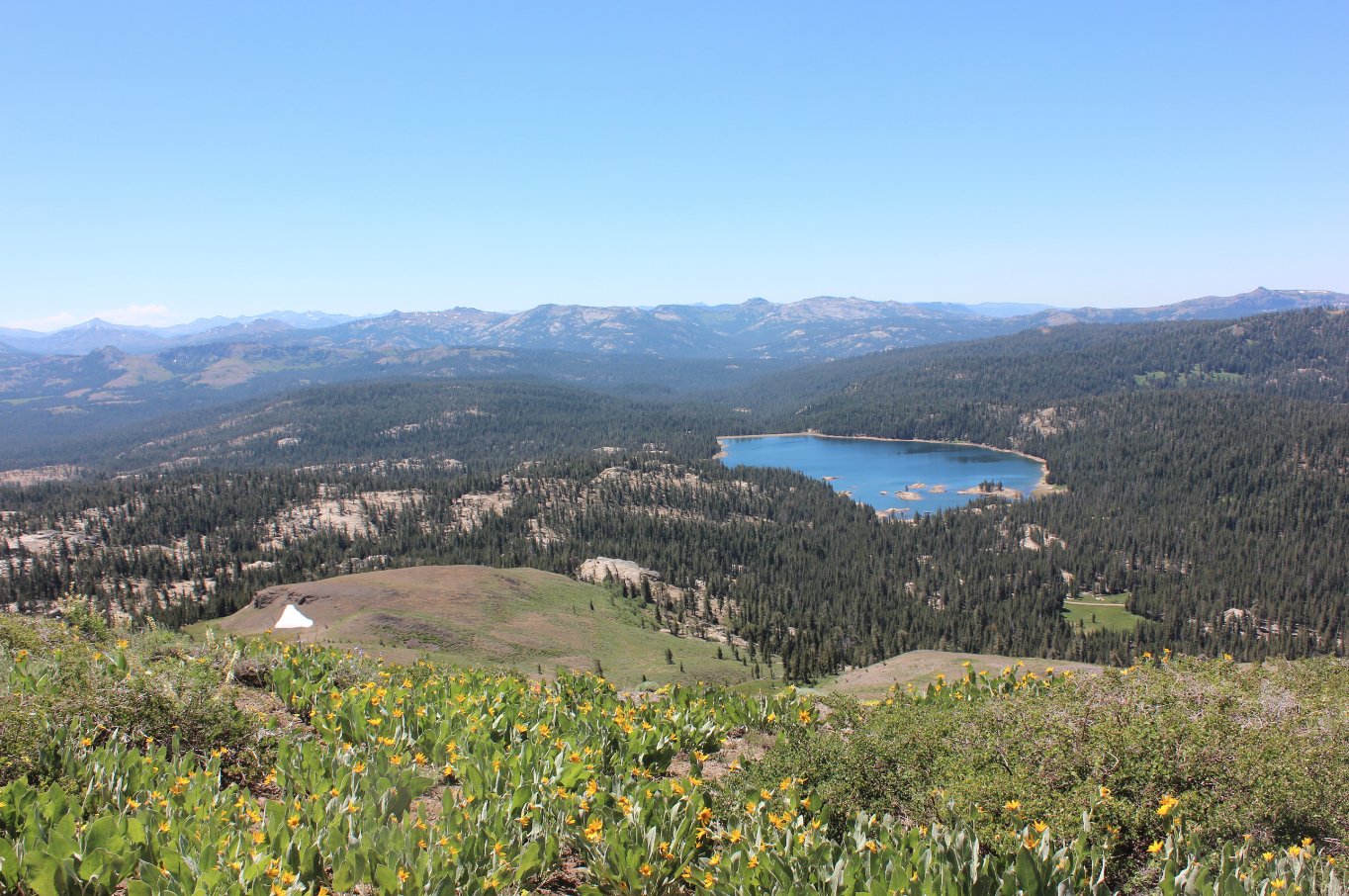 First glimpse of South Blue Lake far below.